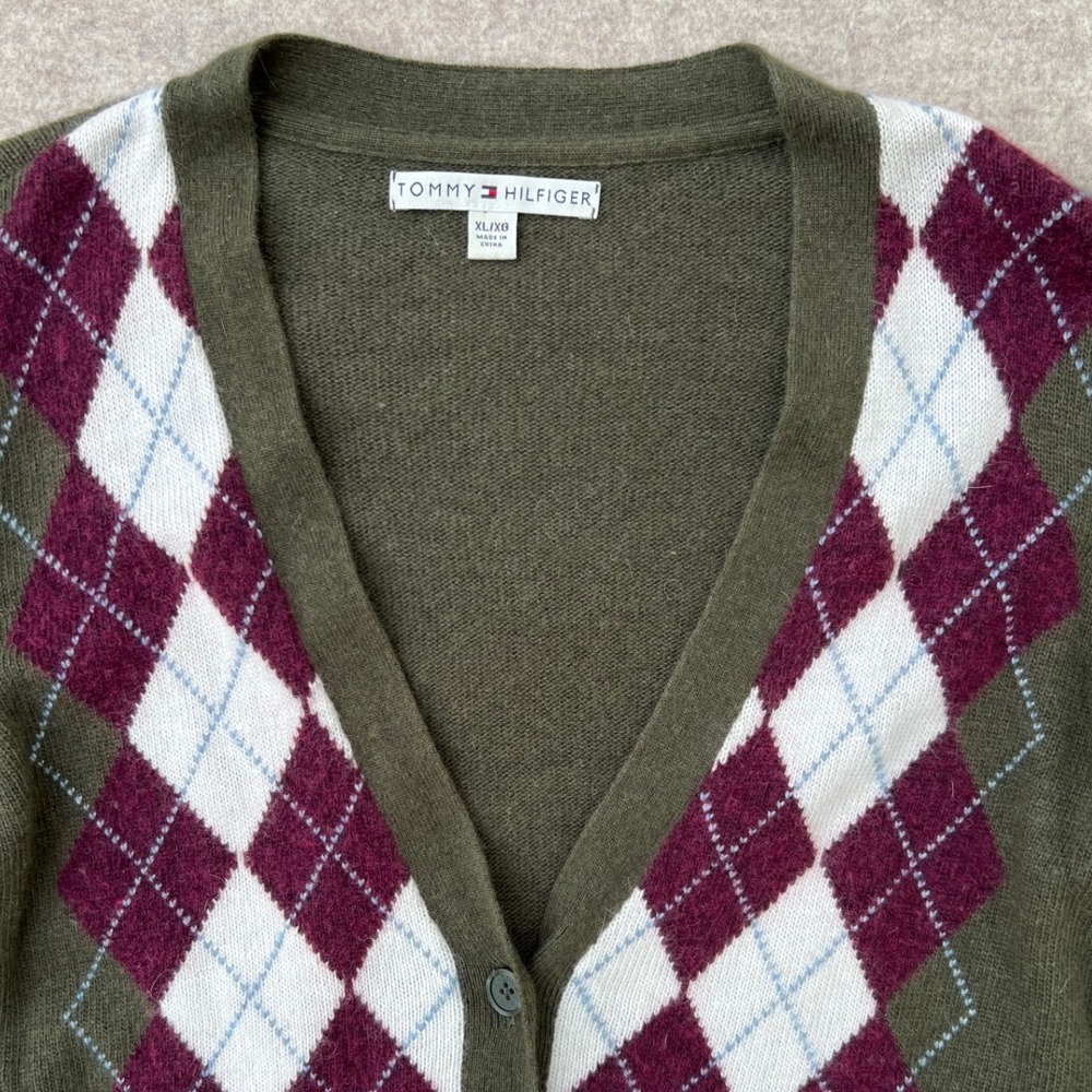 Tommy Hilfiger Cardigan Womens XL Green Good Argyle Wool Angora Blend V-Neck - Picture 6 of 9